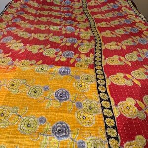 K6 Kantha Twin Reversible Floral Red and Yellow Quilt